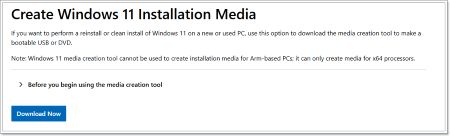 TPM Secure Boot 우회 설치 방법 2 Windows 11 설치 미디어 생성 도구 다운로드 페이지, 'Download Now' 버튼이 표시된 모습