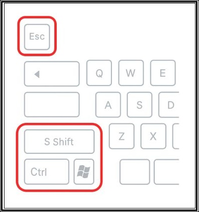 하얀색 키보드에서 Esc, Ctrl, Shift 키가 빨간색 테두리로 강조된 모습, 작업 관리자 단축키 Ctrl + Shift + Esc 조합을 나타냄