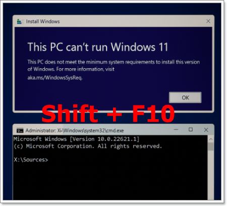 TPM Secure Boot 우회 설치 방법 3 Windows 11 설치 중 '이 PC에서는 Windows 11을 실행할 수 없습니다' 오류 메시지와 함께 Shift+F10으로 실행된 명령 프롬프트 화면