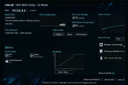 bios uefi 부팅 순서 변경하는 방법 2가지 4 UEFI BIOS Utility EZ 모드 화면으로, CPU 온도와 전압, 메인보드 온도, 메모리 정보, 팬 속도 제어, 부팅 우선순위 설정 등이 그래픽 기반 인터페이스로 표시되어 있다.