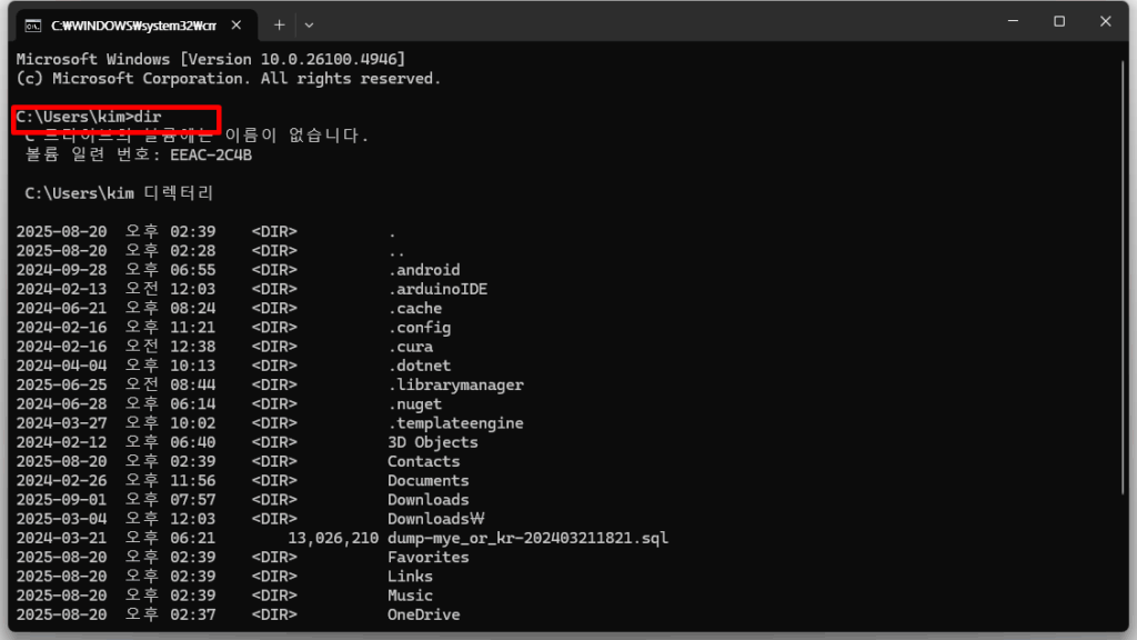 Windows 명령 프롬프트에서 dir 명령어를 실행한 결과 화면. C:\Users\kim 경로의 폴더 목록이 표시되어 있음.
