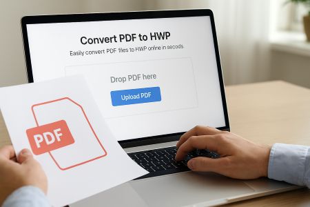 PDF 파일 한글(HWP) 변환 | HWP 파일 PDF 변환 방법 총정리 2 노트북 화면에 PDF를 업로드하는 장면과 손에 든 PDF 문서 아이콘 이미지