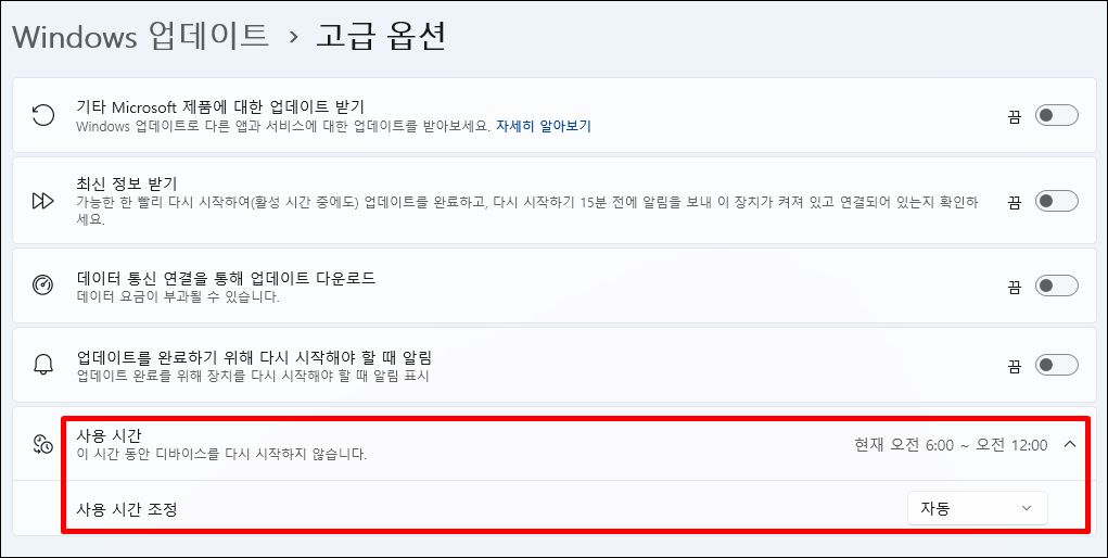 윈도우11 업데이트 관리 팁 7가지: 성능과 안정성을 동시에 잡는 방법 2 윈도우11 업데이트 고급 옵션 화면. 사용 시간 조정 메뉴가 표시되어 있으며, 현재 오전 6시부터 오전 12시까지로 설정된 상태.