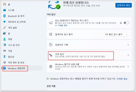 bios uefi 부팅 순서 변경하는 방법 2가지 2 Windows 11 업데이트 설정 화면에서 왼쪽 메뉴의 Windows 업데이트 항목과 오른쪽의 고급 옵션 메뉴가 빨간색 박스로 강조된 모습